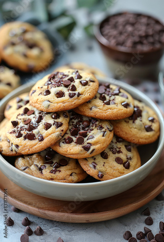 Chocolate chip cookies on plate. A platter of freshly baked chocolate chip cookies