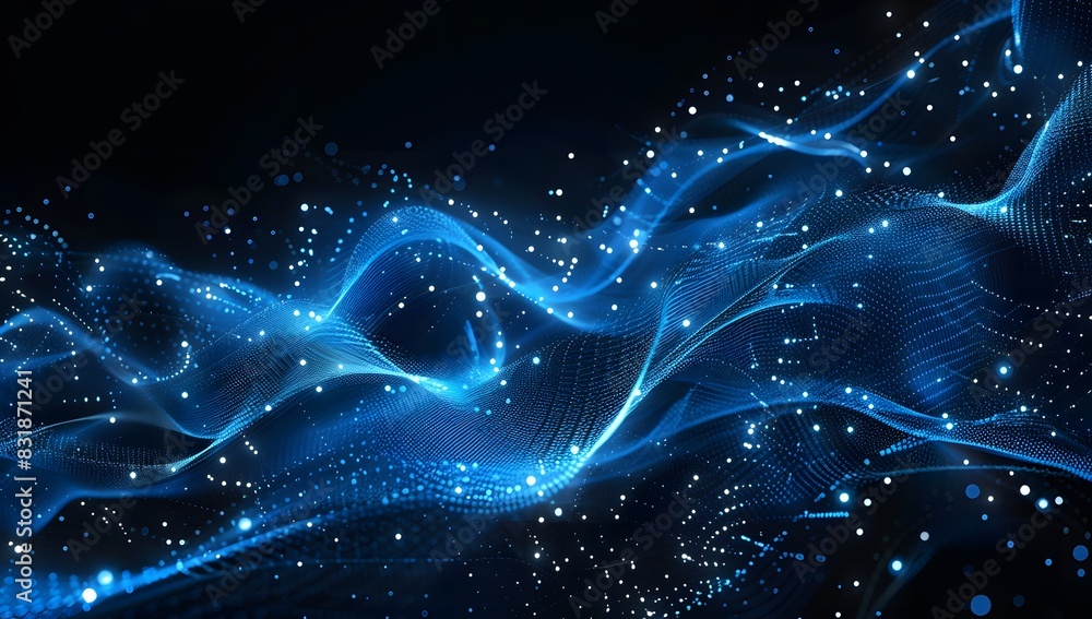 Fototapeta premium Abstract blue wave background with glowing dots and lines, dark blue background, AI generative text 