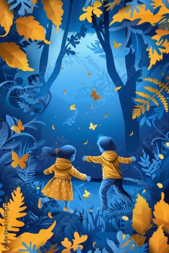 Simple Paper Cuttings Style Illustration of Two Children Playing Carefree on International Children’s Day in Gold and Blue