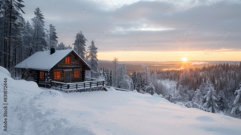 Cozy cabin nestled in a snowy forest landscape with a beautiful sunset in the background, offering a serene winter retreat.