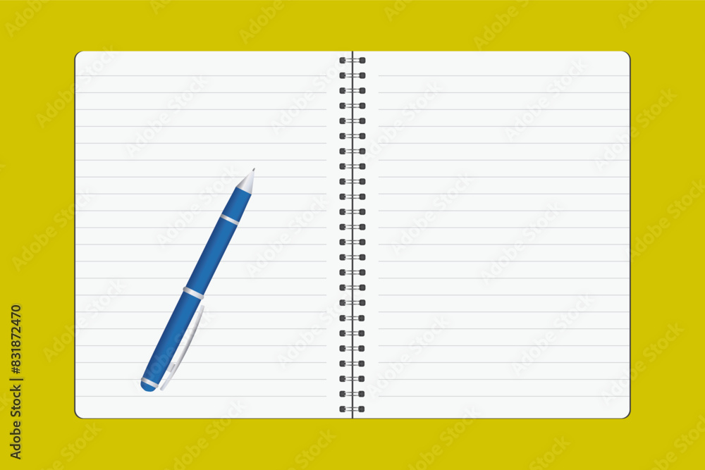 Top view of pen with clean white notebook open on yellow table background for presentation, learning, writer, school education, Top view of pen with clean white notebook open on yellow table background for presentation, learning, writer, school education,