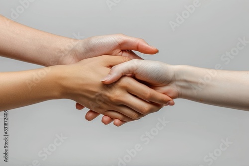 Close-up of two pairs of hands gently holding each other, symbolizing support, care, and unity over a neutral background.