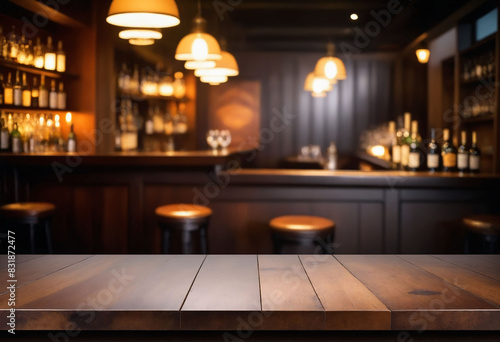 Wooden desk of bar and free space for your decoration  blurred background