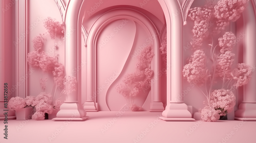 pink floral 3d background, in the style of dreamlike architecture, lightbox, arched doorways pink floral 3d background, in the style of dreamlike architecture, lightbox, arched doorways