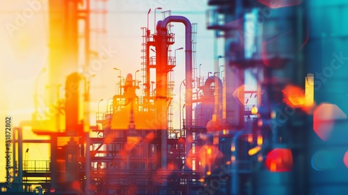 Efficient chemical production close up, focus on, copy space, vibrant colors, Double exposure silhouette with machinery