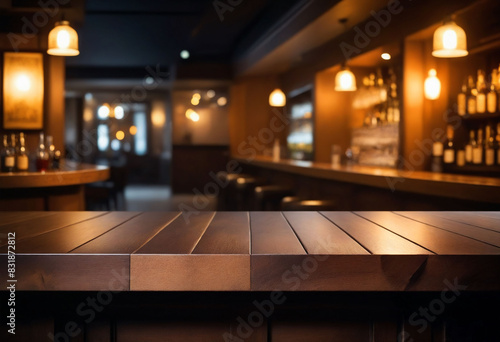 Wooden desk of bar and free space for your decoration  blurred background