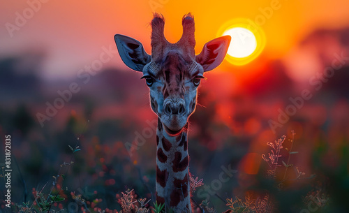 Giraffe standing in the grass with the sun setting in the background photo