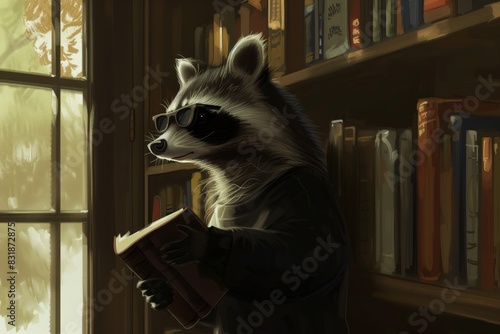 side view of a raccoon reading a book in a black T-shirt and sunglasses