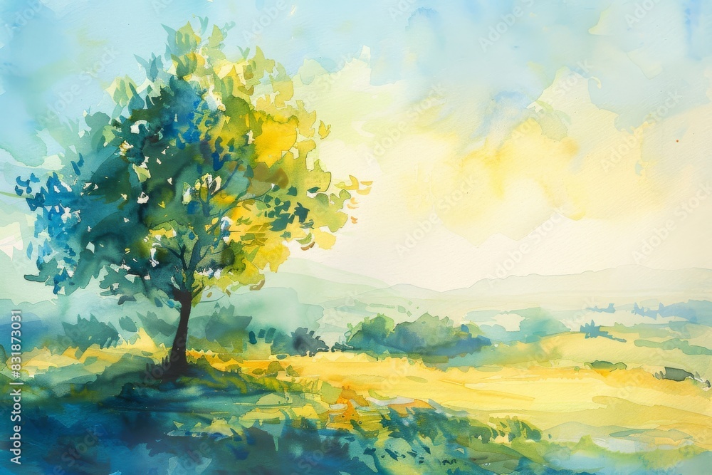 Depict the imagery of cool breeze on a sunny day as a soft, soothing watercolor masterpiece blending blues and yellows effortlessly Depict the imagery of cool breeze on a sunny day as a soft, soothing watercolor masterpiece blending blues and yellows effortlessly