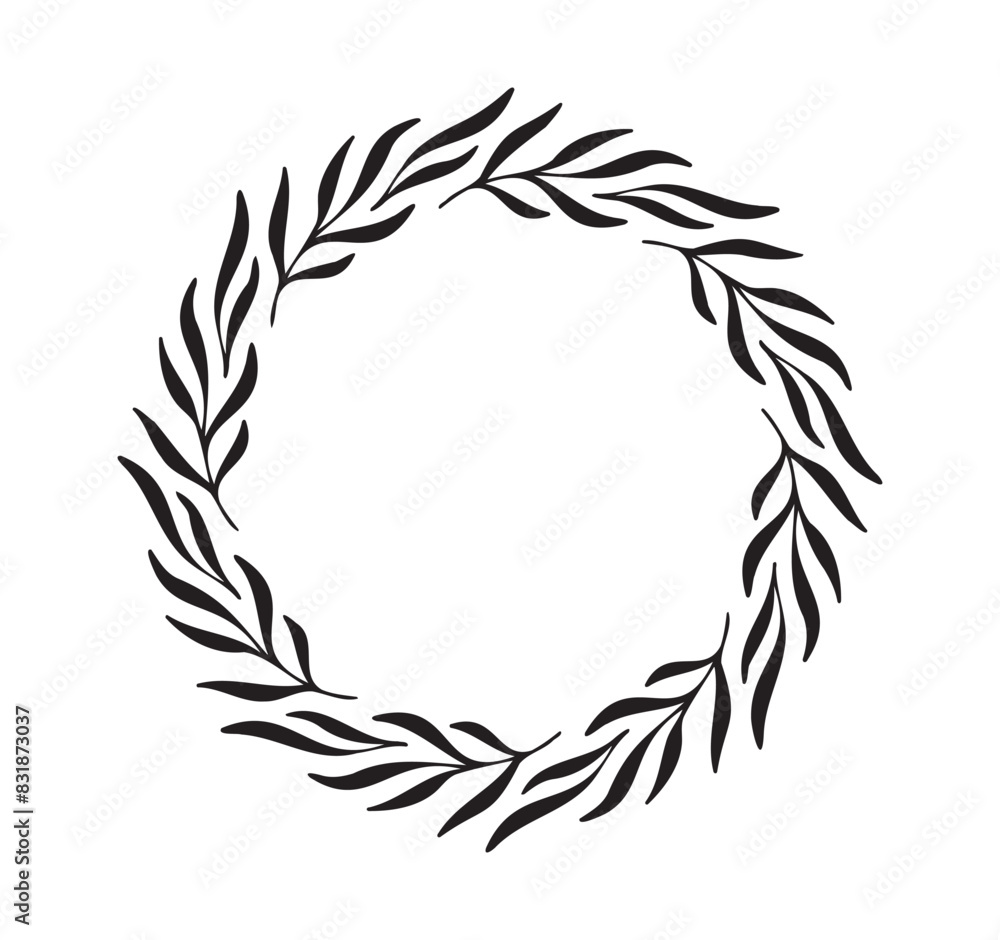 Hand drawn Floral spring wreath isolated white background. Silhouette circle of leaves frame. Doodle style. 