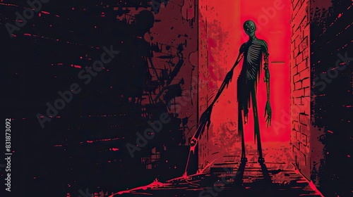 A red and black ink illustration of the slenderman standing in an alleyway