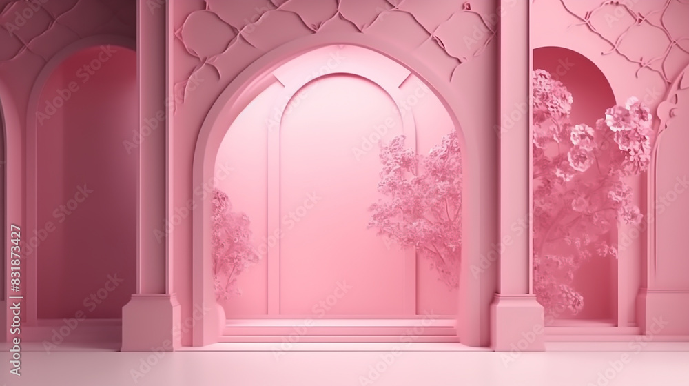 pink floral 3d background, in the style of dreamlike architecture, lightbox, arched doorways pink floral 3d background, in the style of dreamlike architecture, lightbox, arched doorways