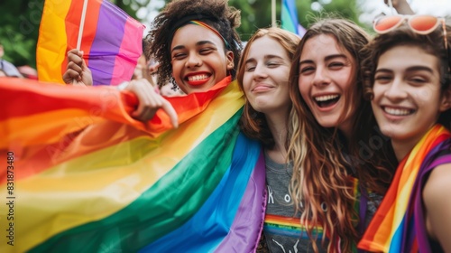 Celebrating LGBTQ Pride Festival - Diverse Friends Holding Rainbow Flag, Young Couples Kissing. AI-Generated 4K Wallpaper for LGBTQ Community Concepts.
