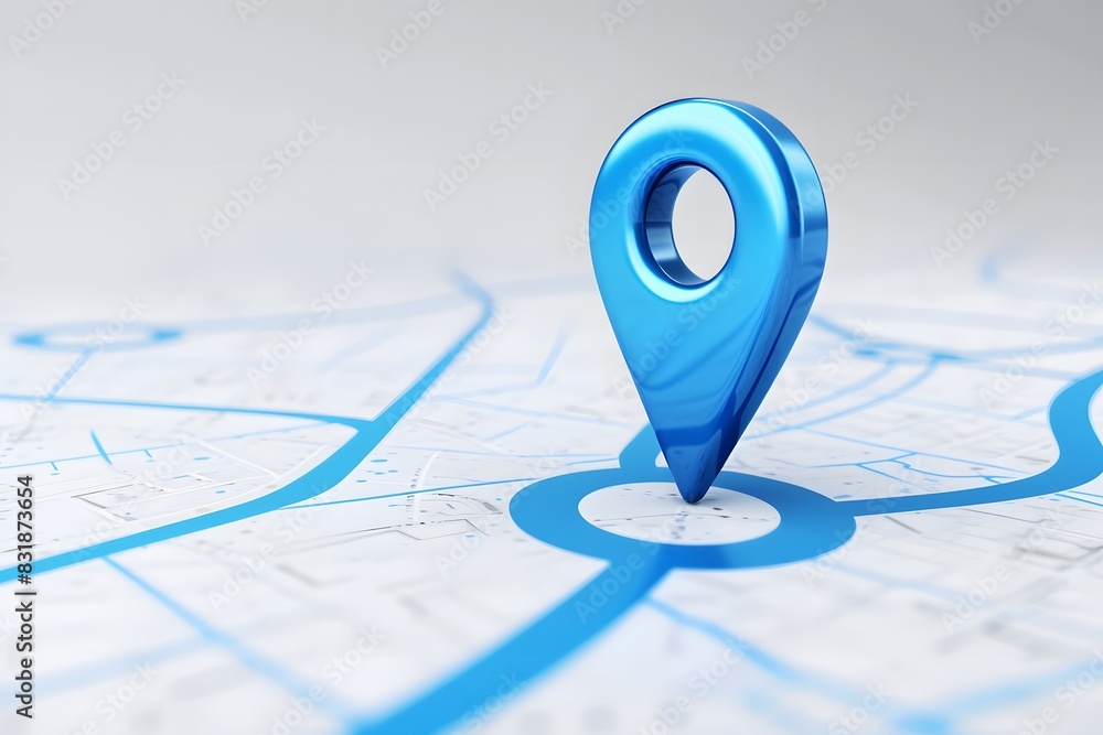 Fototapeta premium 3D icon of a location pin in blue color on a white background in the style of a cartoon style, with a minimalistic design using simple shapes and clean lines, with a glossy finish to give it an elegan