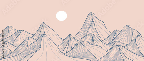 Hand drawn Mountain line arts illustration. Minimalist landscape background design for wallpaper, print art, poster, cover, banner