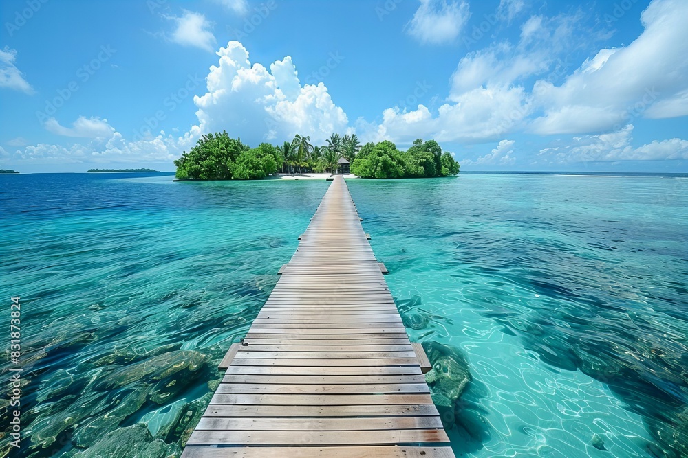 Naklejka premium Wooden pier leading into ocean with distant island