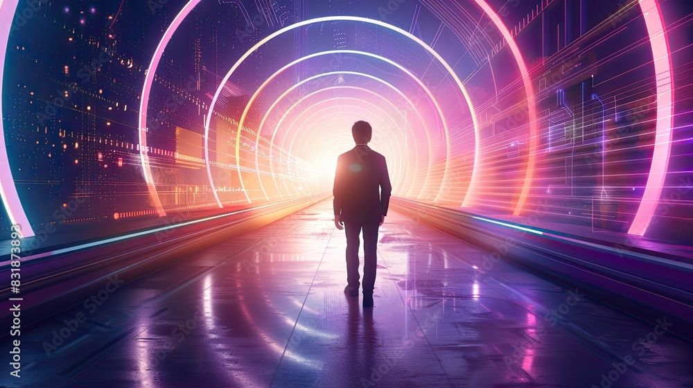 A man stands in the center of an illuminated tunnel, with neon lights, holographic projection A man stands in the center of an illuminated tunnel, with neon lights, holographic projection
