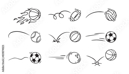  Doodle sport ball trajectory bounce collection. Line hand drawn balls set