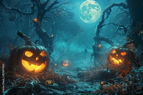 Two illuminated pumpkins in dark forest