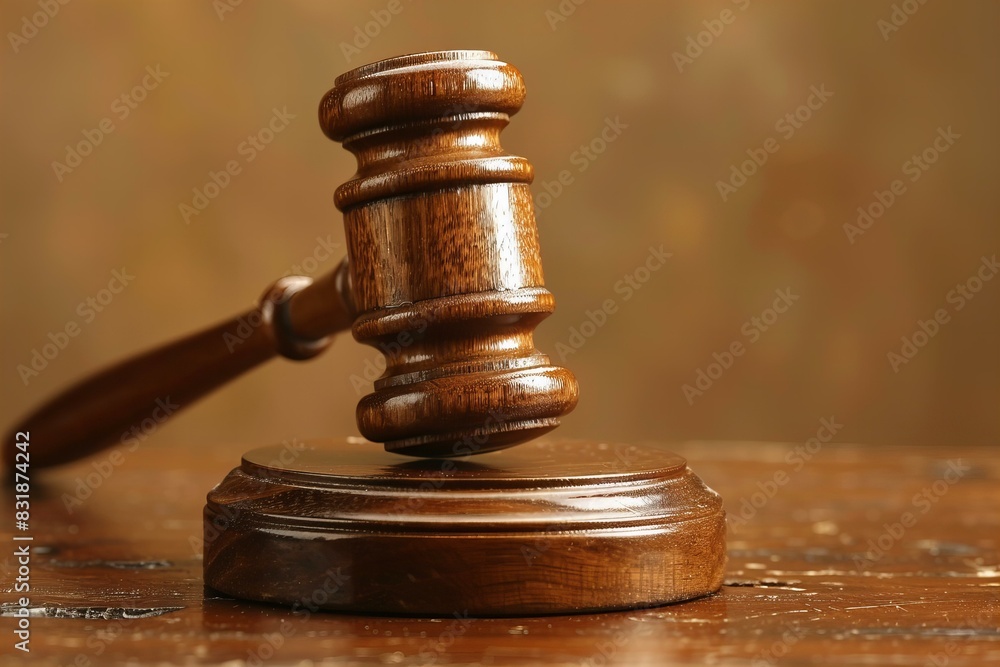 A wooden gavel on a table with a brown background
