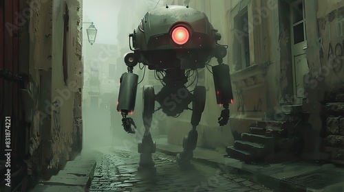 A giant robot is walking through the streets of an abandoned city