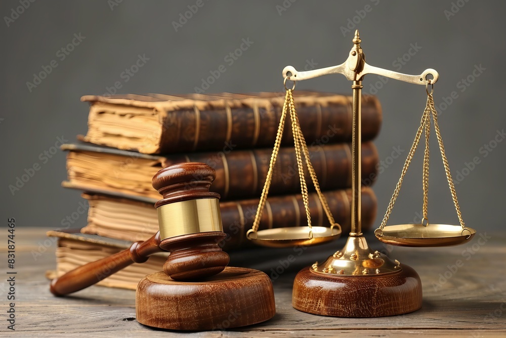 Wooden gavel, gold scale on table Wooden gavel, gold scale on table