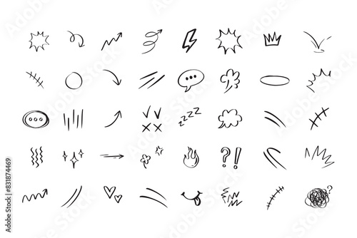 Doodle hand drawn cute cartoon expression sign. Line curve arrows, emoticon elements, symbols