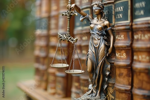 Lady justice statues holding scales on shelf