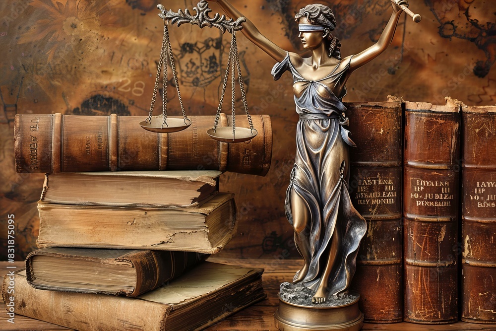 Lady justice with scales and books on table Lady justice with scales and books on table