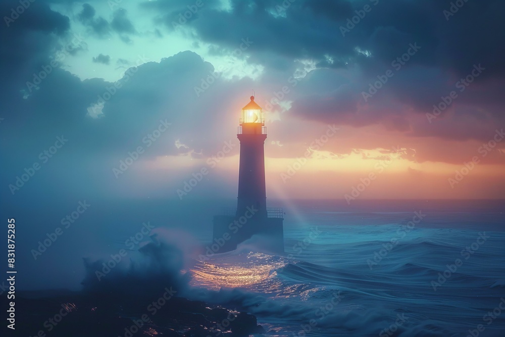 Lighthouse amidst storm with shining light