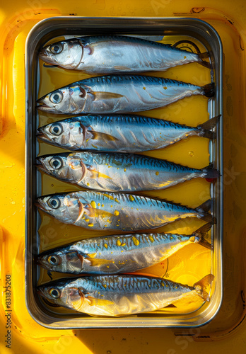 Mackerel fish are in tray on sunny day. Sardines in an open can