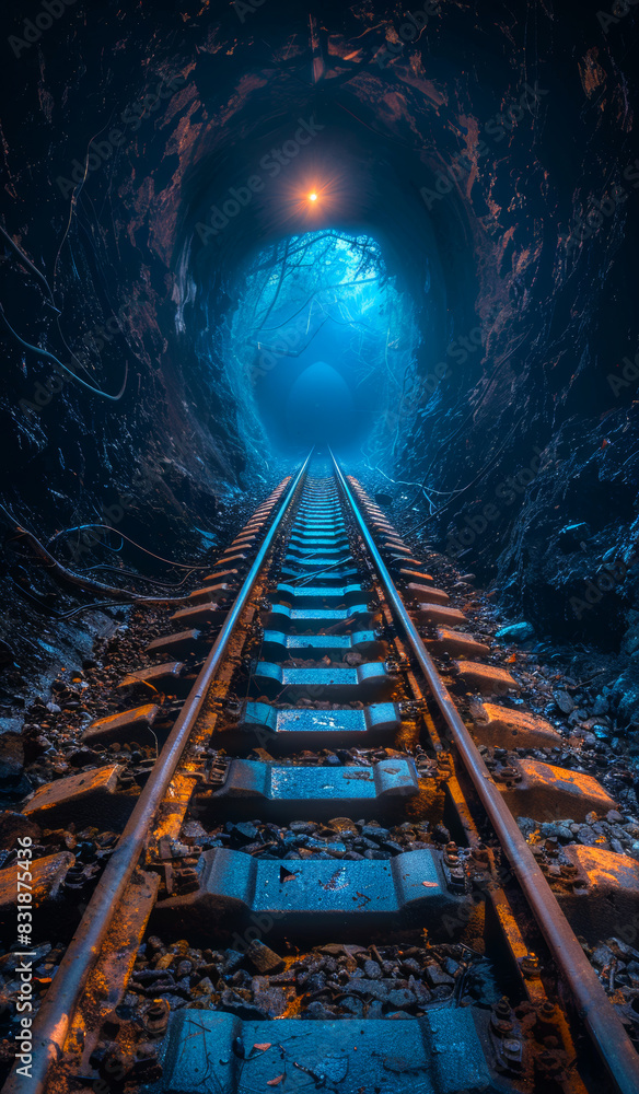 Naklejka premium Railway tunnel. A railway tracks in the dark tunnel