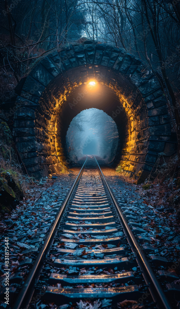 Railroad goes through dark tunnel in the middle of the forest
