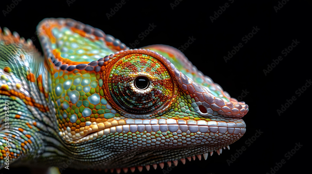 A close-up view of a vibrant chameleon against a black background, showcasing its colorful scales and intricate patterns