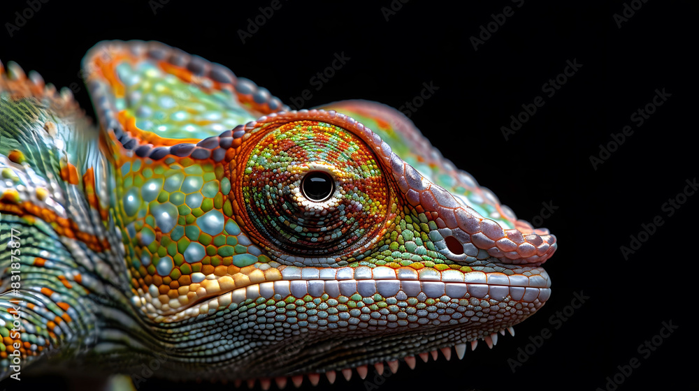 A close-up view of a vibrant chameleon against a black background, showcasing its colorful scales and intricate patterns A close-up view of a vibrant chameleon against a black background, showcasing its colorful scales and intricate patterns