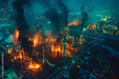A major fire broke out at the oil refinery on early morning. aerial shot, vibrant color grading, tilt-shift effect, horror film screencap photo