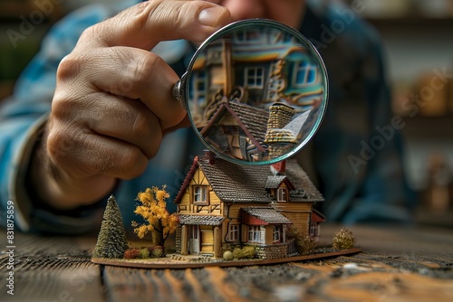 Man inspecting miniature house with magnifying glass photo