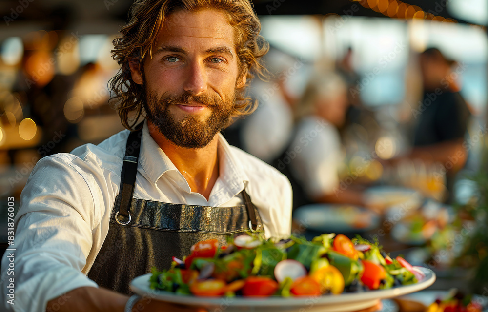 Handsome young bearded chef is serving salad in restaurant. Handsome young bearded chef is serving salad in restaurant.
