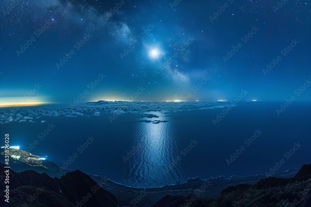 City skyline with stars and clouds over ocean at night City skyline with stars and clouds over ocean at night