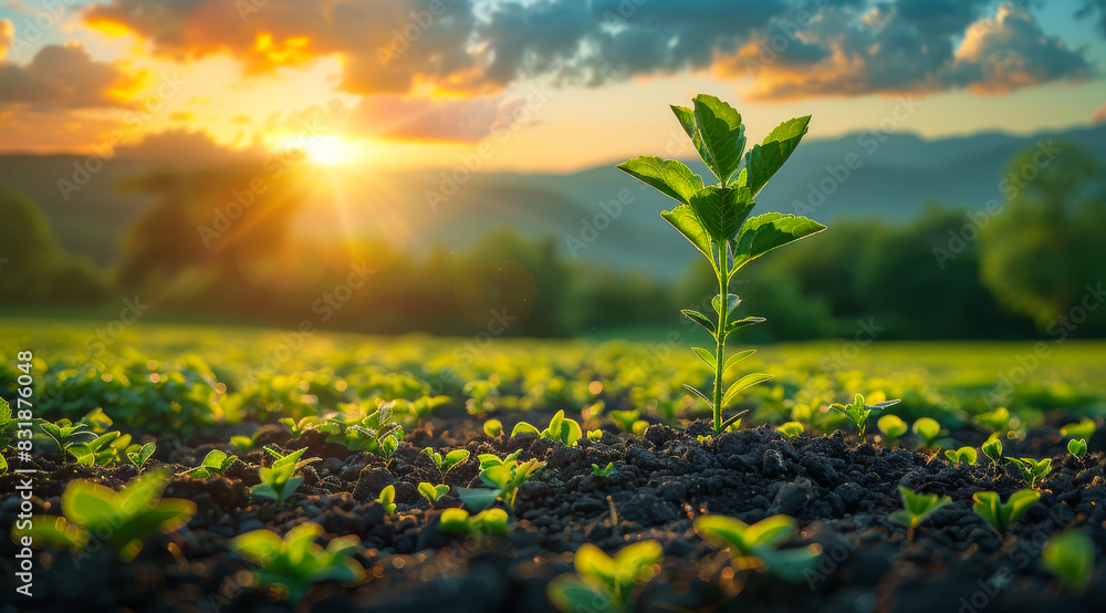 Young plant growing on the soil with mountain and blue sky on background Young plant growing on the soil with mountain and blue sky on background
