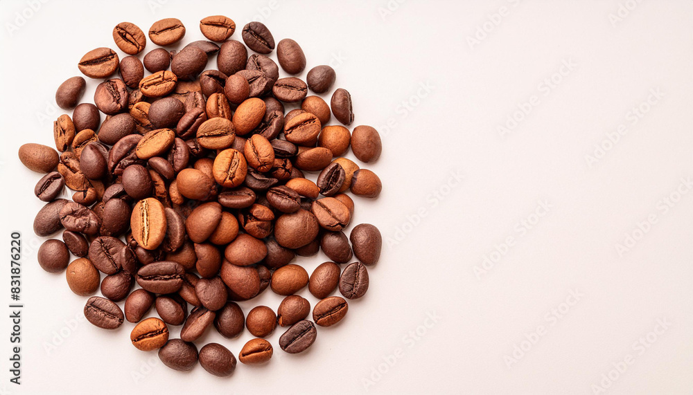 Fototapeta premium Above a stack of coffee beans on a white backdrop, there is ample space for text design in a simple layout