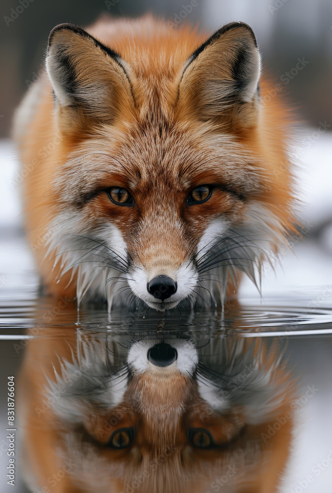 Fototapeta premium Red fox drinking water from pond. A fox drinking water from the lake