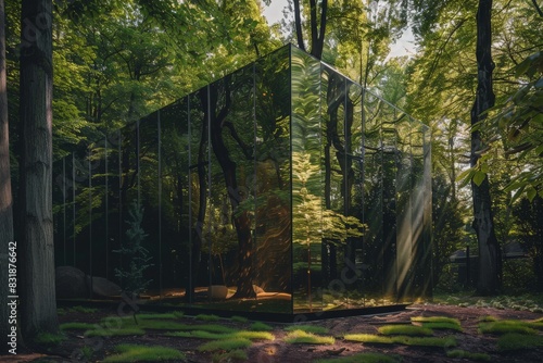 A mirror glass home nestled in a serene forest  with light refracting through the trees and casting a spectrum of greens and earthy browns across its reflective surfaces