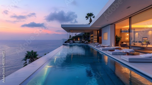 Luxury architecture  ocean front property landscape. Modern minimalist design with infinity pool  sleek contemporary designer furniture  panoramic coastal view background. vacation home or hotel. 
