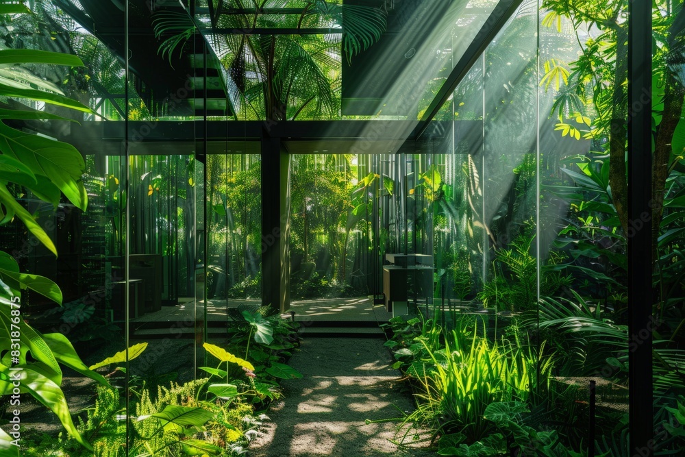 A mirror glass home surrounded by lush greenery, with light bending through leaves and casting a mosaic of emerald and jade hues A mirror glass home surrounded by lush greenery, with light bending through leaves and casting a mosaic of emerald and jade hues