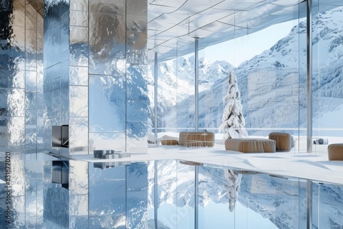 A mountain retreat mirror glass home where the morning light refracts through the crisp air, displaying a kaleidoscope of icy blues, whites, and grays photo