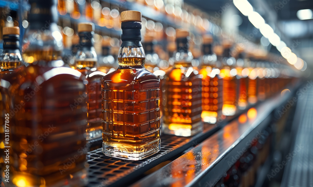 Rows of bottles filled with whiskey are seen at distillery. Rows of bottles filled with whiskey are seen at distillery.
