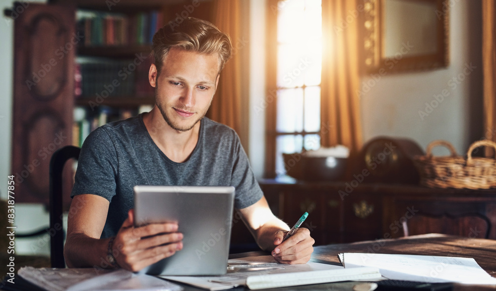 College, student and research at night with tablet or planning project with ebook, app and exam info. Internet, education and man in university with knowledge to study in writing with books for test College, student and research at night with tablet or planning project with ebook, app and exam info. Internet, education and man in university with knowledge to study in writing with books for test