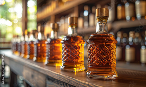 Rows of whiskey bottles on shelf in distillery photo