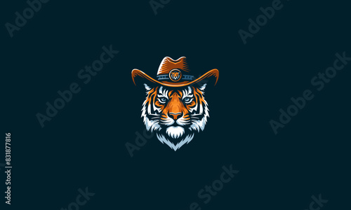 head tiger wearing hat cowboy vector flat design logo